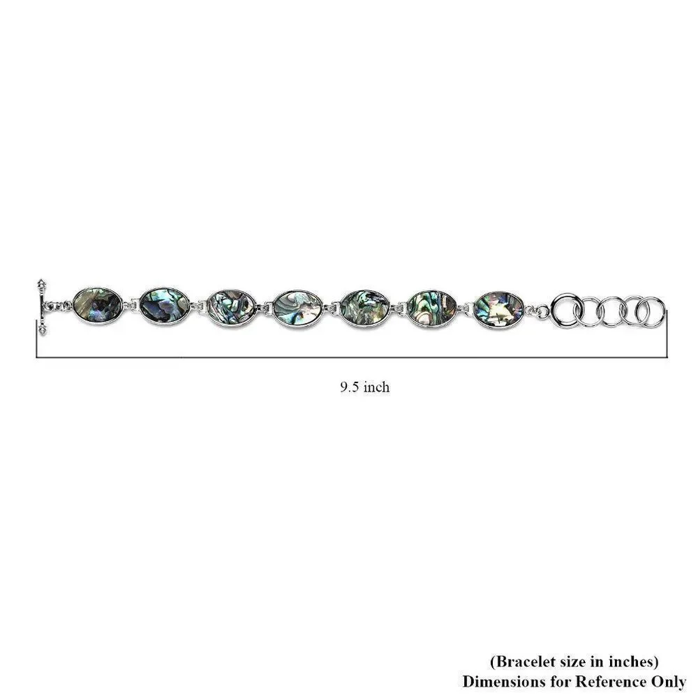 Abalone Shell Oval Shaped Link Bracelet in Silvertone (8-10In)